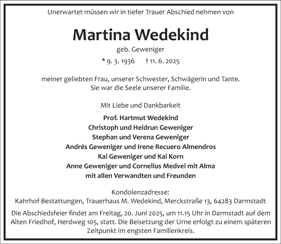 Traueranzeige von Martina Wedekind von Frankfurter Allgemeine Zeitung