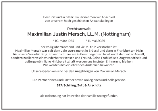 Traueranzeige von Maximilian Justin Mersch von Frankfurter Allgemeine Zeitung