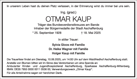 Traueranzeige von Otmar Kaup von Frankfurter Allgemeine Zeitung