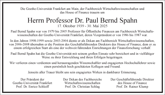 Traueranzeige von Paul Bernd Spahn von Frankfurter Allgemeine Zeitung