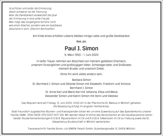 Traueranzeige von Paul J. Simon von Frankfurter Allgemeine Zeitung