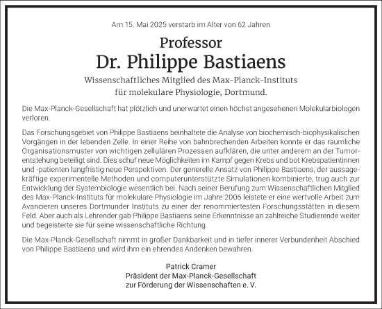 Traueranzeige von Philippe Bastiaens von Frankfurter Allgemeine Zeitung