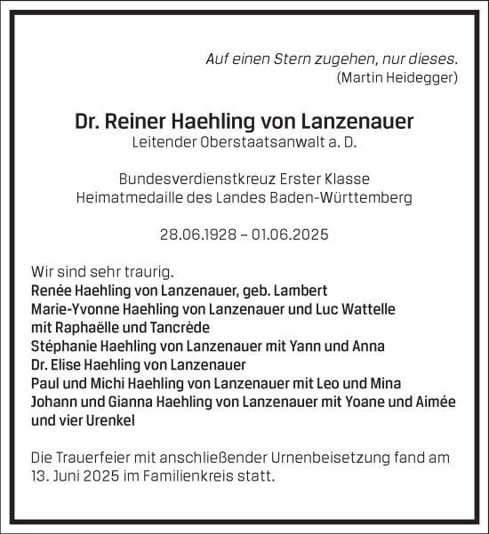 Traueranzeige von Reiner Haehling von Lanzenauer von Frankfurter Allgemeine Zeitung