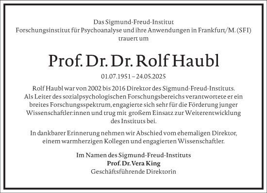 Traueranzeige von Rolf Haubl von Frankfurter Allgemeine Zeitung