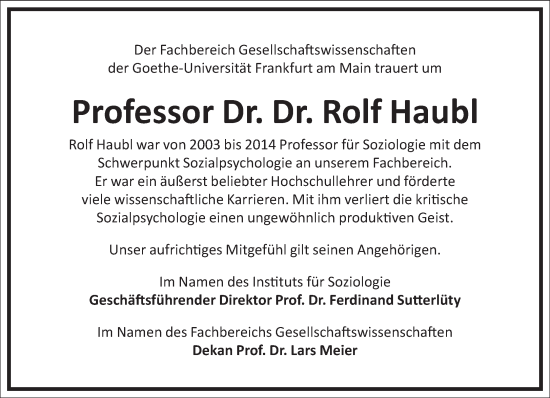 Traueranzeige von Rolf Haubl von Frankfurter Allgemeine Zeitung