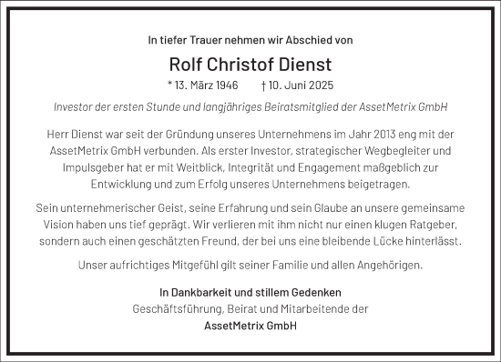 Traueranzeige von Rolf Christof Dienst von Frankfurter Allgemeine Zeitung