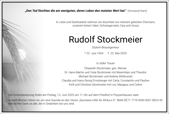 Traueranzeige von Rudolf Stockmeier von Frankfurter Allgemeine Zeitung