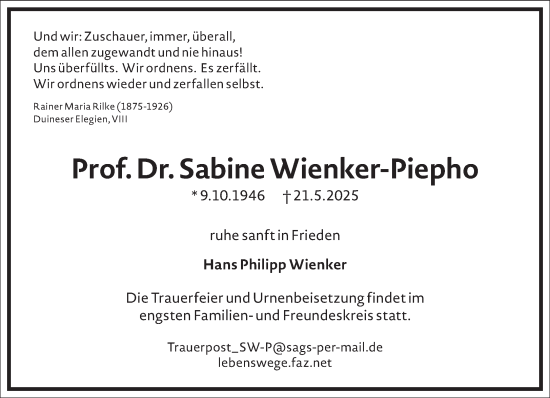 Traueranzeige von Sabine Wienker-Piepho von Frankfurter Allgemeine Zeitung