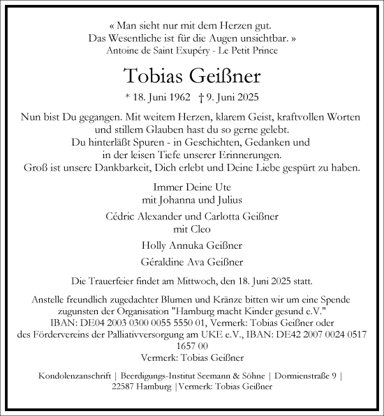 Traueranzeige von Tobias Geißner von Frankfurter Allgemeine Zeitung