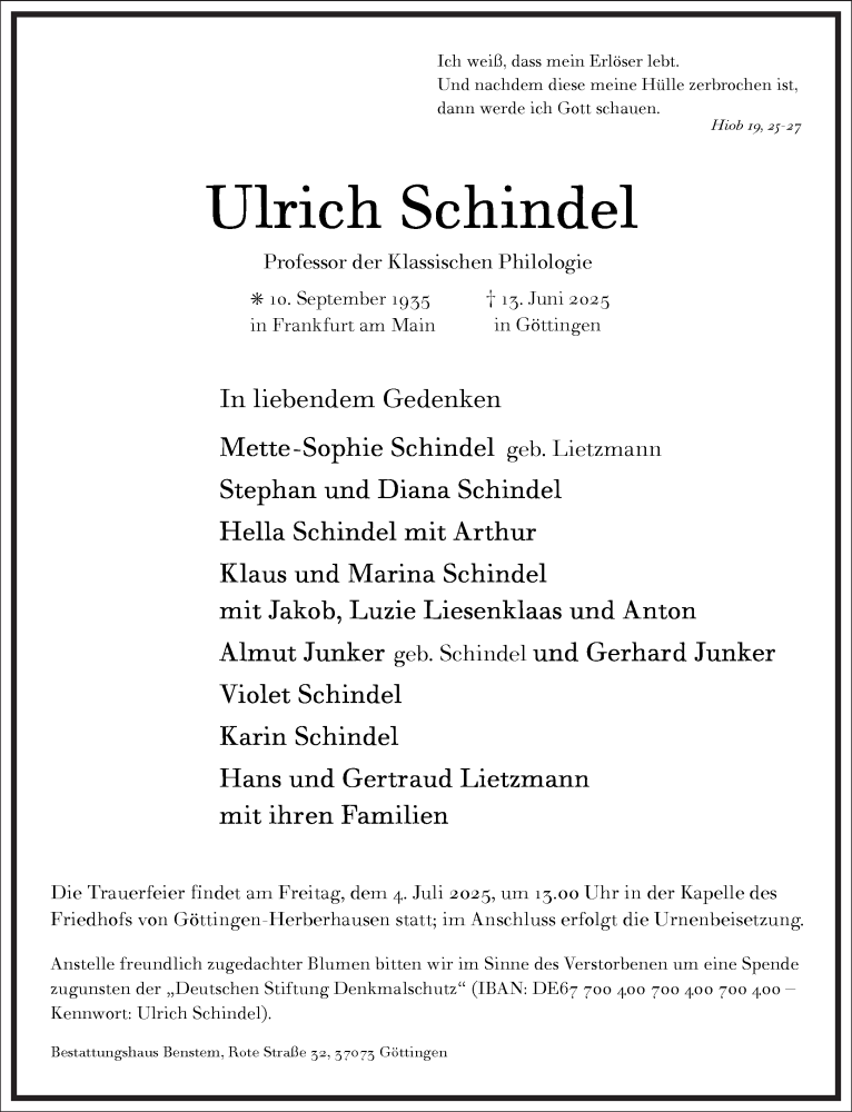  Traueranzeige für Ulrich Schindel vom 21.06.2025 aus Frankfurter Allgemeine Zeitung