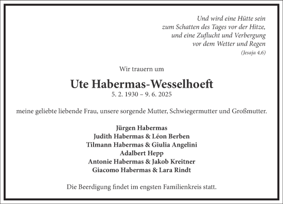 Traueranzeige von Ute Habermas-Wesselhoeft von Frankfurter Allgemeine Zeitung
