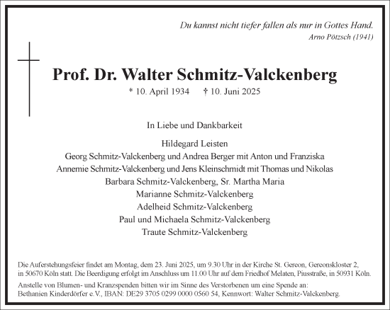 Traueranzeige von Walter Schmitz-Valckenberg von Frankfurter Allgemeine Zeitung