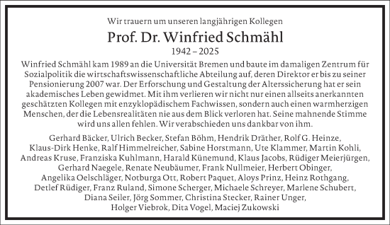 Traueranzeige von Winfried Schmähl von Frankfurter Allgemeine Zeitung