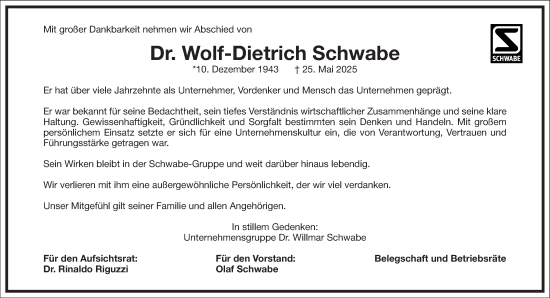 Traueranzeige von Wolf-Dietrich Schwabe von Frankfurter Allgemeine Zeitung