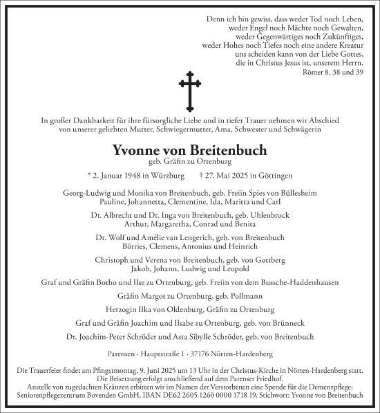 Traueranzeige von Yvonne von Breitenbuch von Frankfurter Allgemeine Zeitung