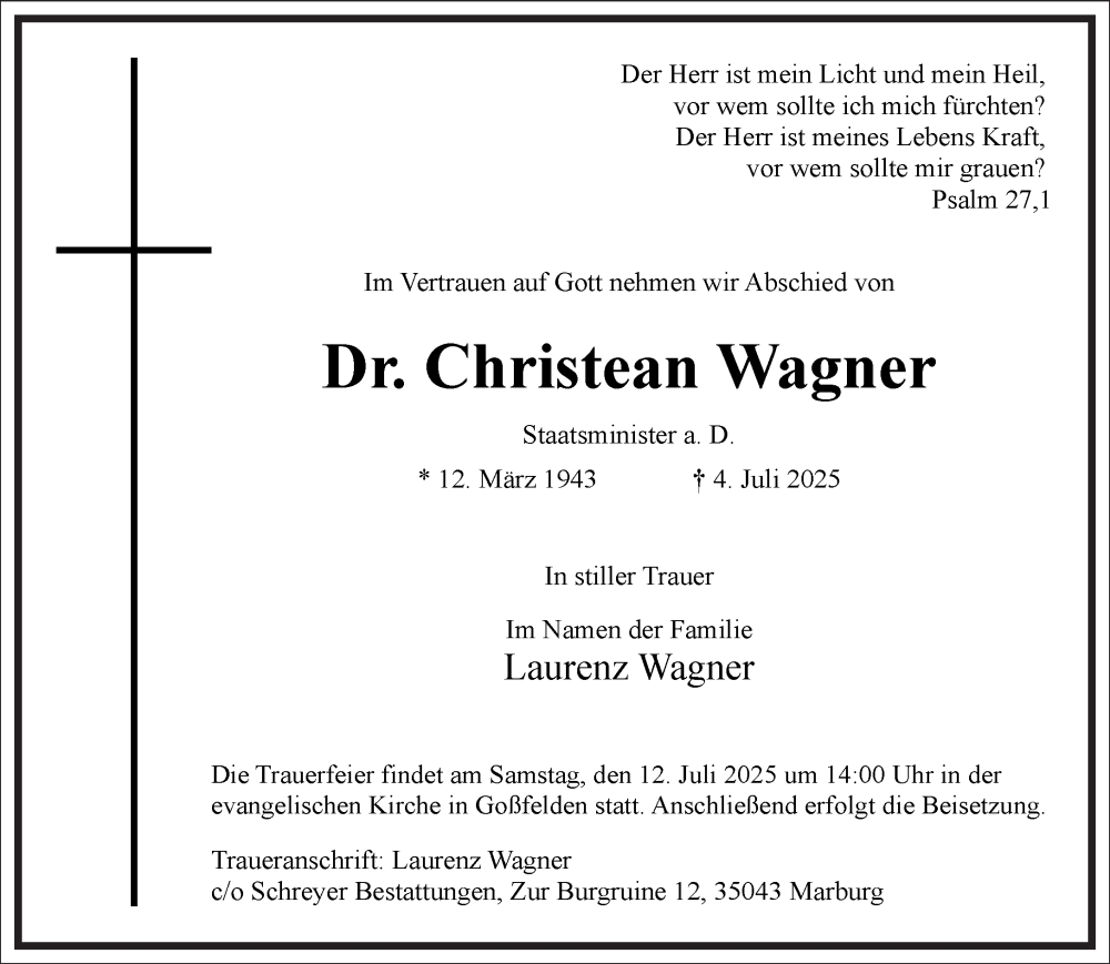  Traueranzeige für Christean Wagner vom 09.07.2025 aus Frankfurter Allgemeine Zeitung