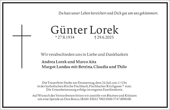 Traueranzeige von Günter Lorek von Frankfurter Allgemeine Zeitung