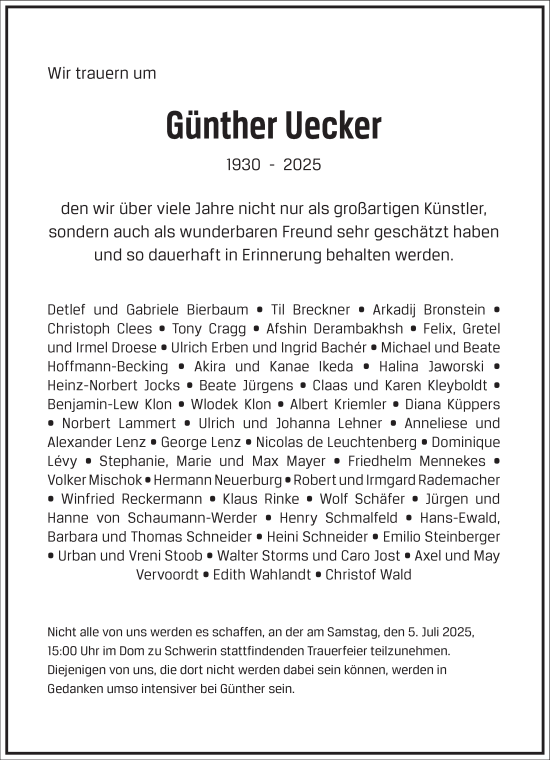 Traueranzeige von Günther Uecker von Frankfurter Allgemeine Zeitung