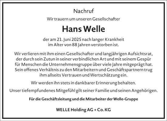 Traueranzeige von Hans Welle von Frankfurter Allgemeine Zeitung