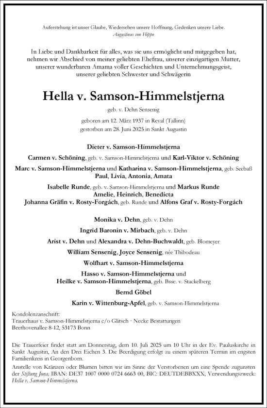 Traueranzeige von Hella v. Samson-Himmelstjerna von Frankfurter Allgemeine Zeitung