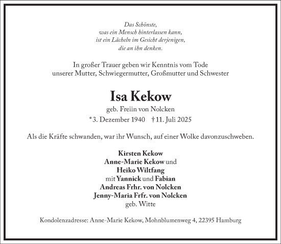 Traueranzeige von Isa Kekow von Frankfurter Allgemeine Zeitung