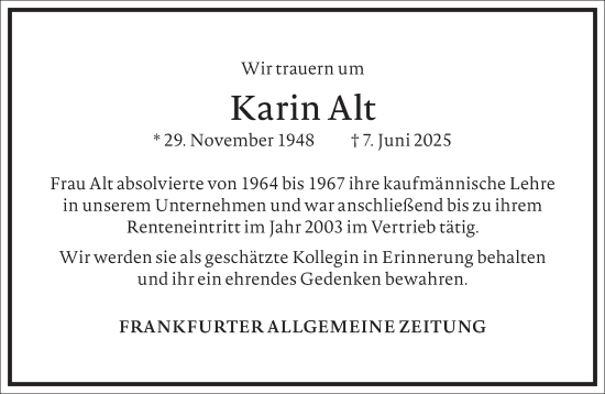 Traueranzeige von Karin Alt von Frankfurter Allgemeine Zeitung