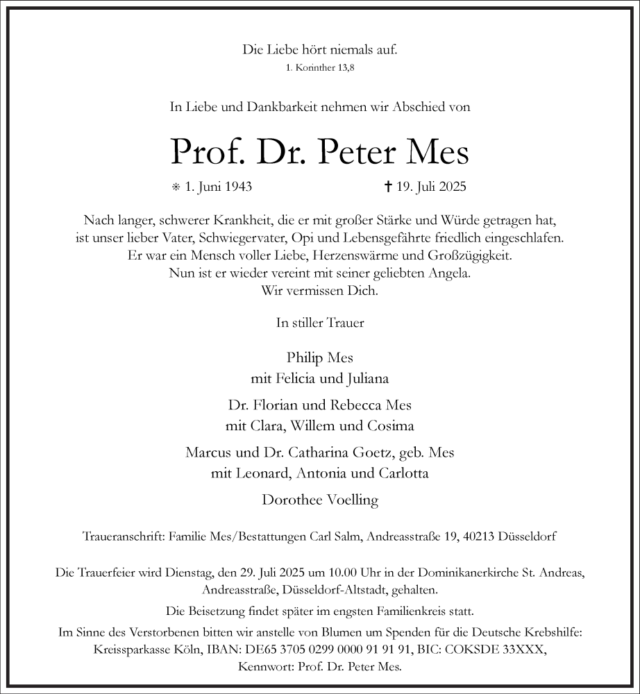  Traueranzeige für Peter Mes vom 26.07.2025 aus Frankfurter Allgemeine Zeitung