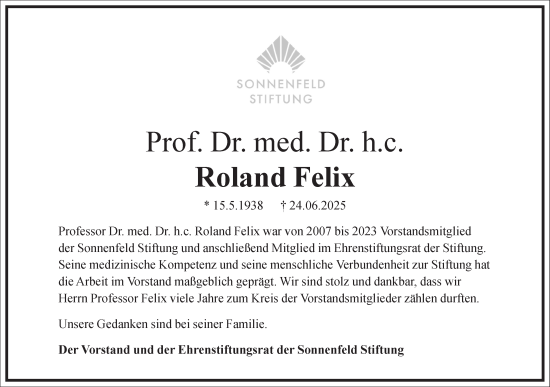 Traueranzeige von Roland Felix von Frankfurter Allgemeine Zeitung