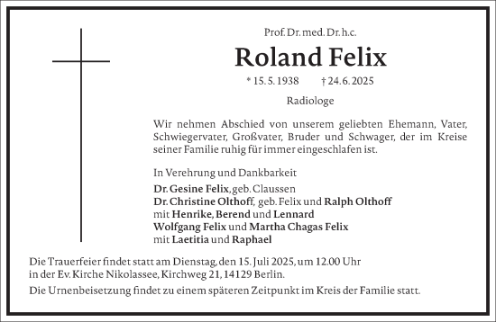 Traueranzeige von Roland Felix von Frankfurter Allgemeine Zeitung