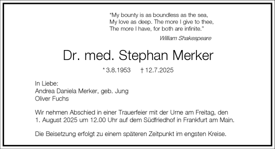 Traueranzeige von Stephan Merker von Frankfurter Allgemeine Zeitung