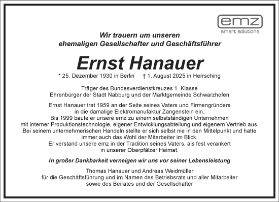 Traueranzeige von Ernst Hanauer von Frankfurter Allgemeine Zeitung