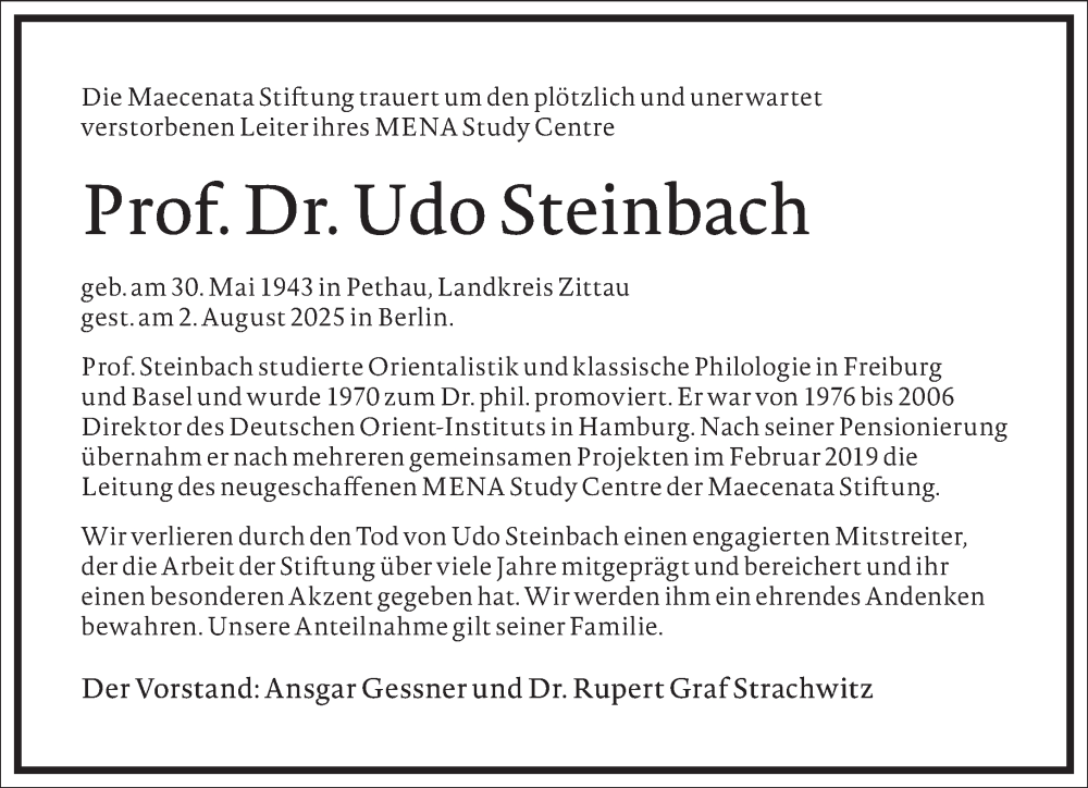  Traueranzeige für Udo Steinbach vom 09.08.2025 aus Frankfurter Allgemeine Zeitung