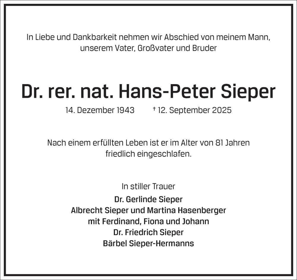  Traueranzeige für Hans-Peter Sieper vom 20.09.2025 aus Frankfurter Allgemeine Zeitung