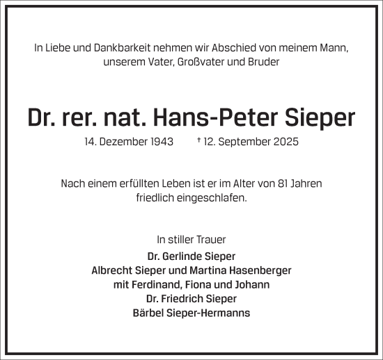 Traueranzeige von Hans-Peter Sieper von Frankfurter Allgemeine Zeitung