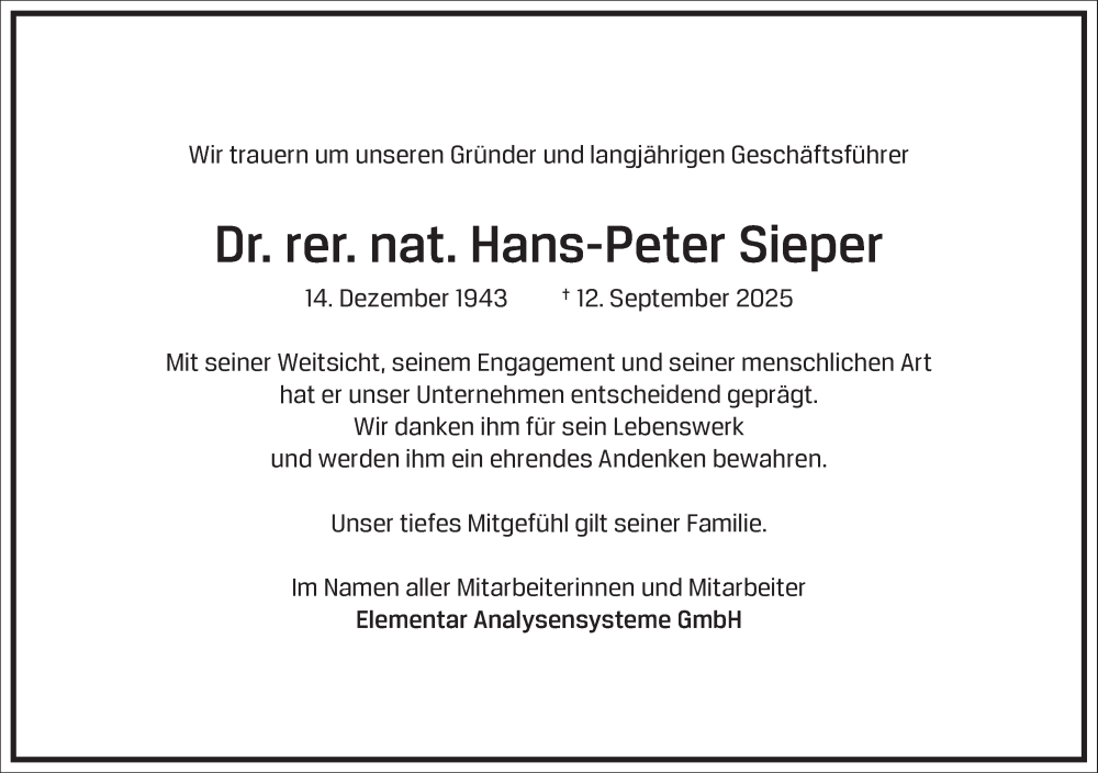  Traueranzeige für Hans-Peter Sieper vom 20.09.2025 aus Frankfurter Allgemeine Zeitung