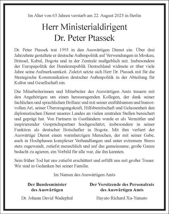 Traueranzeige von Peter Ptassek von Frankfurter Allgemeine Zeitung