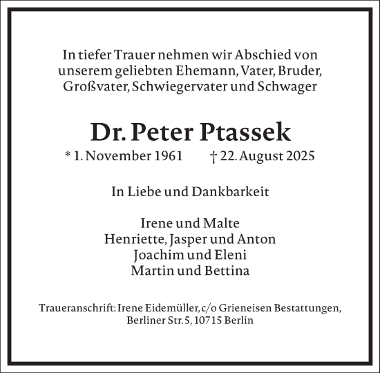 Traueranzeige von Peter Ptassek von Frankfurter Allgemeine Zeitung