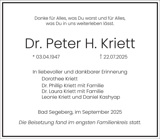 Traueranzeige von Peter H. Kriett von Frankfurter Allgemeine Zeitung