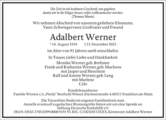 Traueranzeige von Adalbert Werner von Frankfurter Allgemeine Zeitung