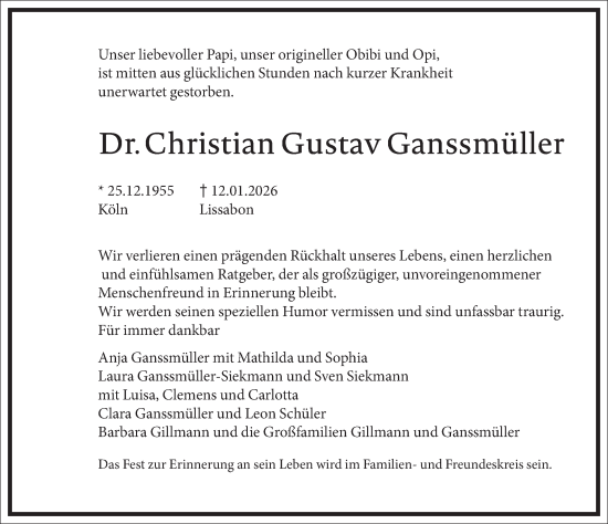 Traueranzeige von Christian Gustav Ganssmüller von Frankfurter Allgemeine Zeitung