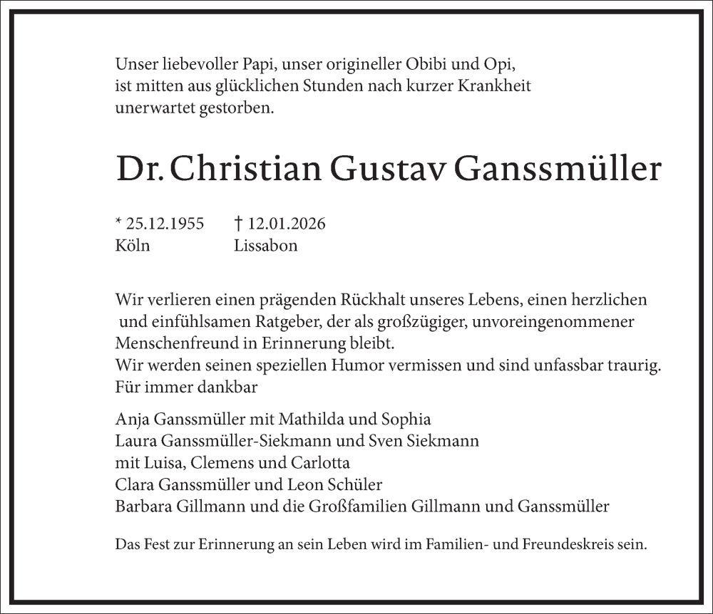  Traueranzeige für Christian Gustav Ganssmüller vom 17.01.2026 aus Frankfurter Allgemeine Zeitung