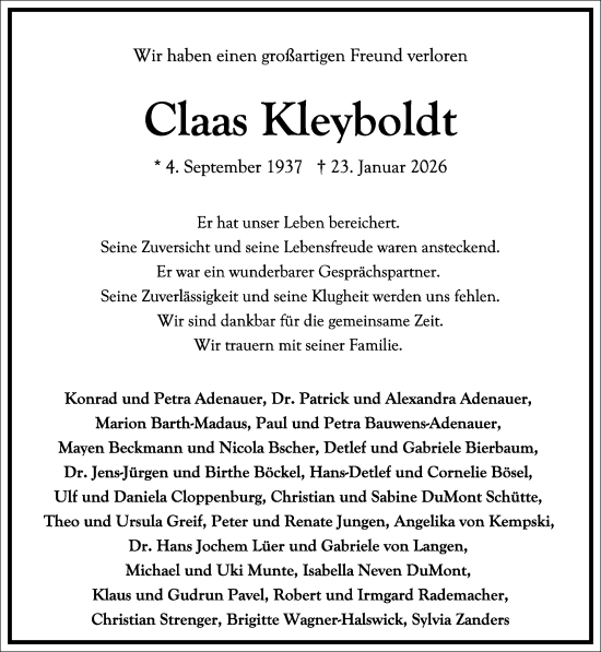 Traueranzeige von Claas Kleyboldt von Frankfurter Allgemeine Zeitung