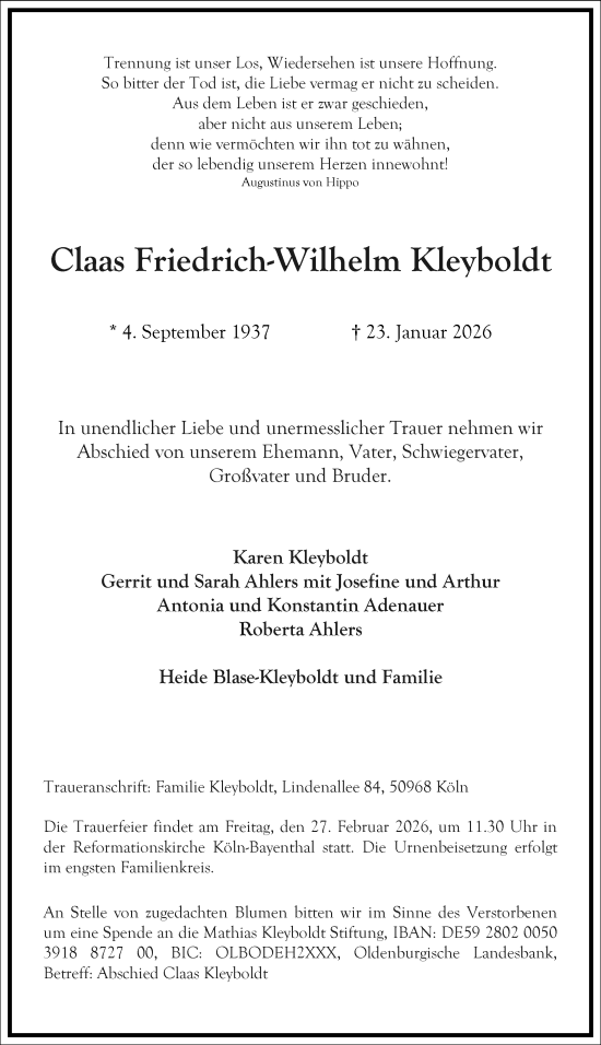 Traueranzeige von Claas Friedrich-Wilhelm Kleyboldt von Frankfurter Allgemeine Zeitung