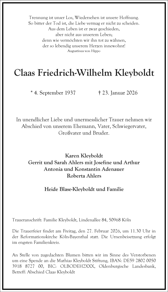  Traueranzeige für Claas Friedrich-Wilhelm Kleyboldt vom 31.01.2026 aus Frankfurter Allgemeine Zeitung