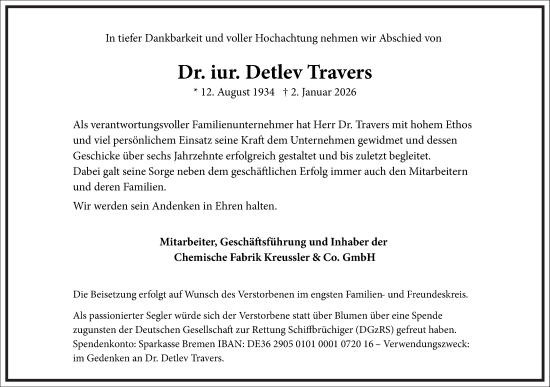 Traueranzeige von Detlev Travers von Frankfurter Allgemeine Zeitung