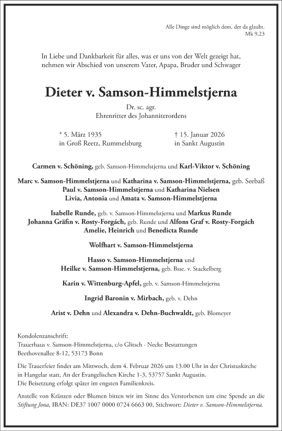 Traueranzeige von Dieter v. Samson-Himmelstjerna von Frankfurter Allgemeine Zeitung