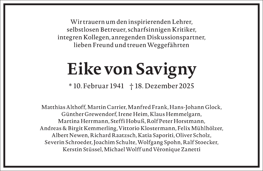  Traueranzeige für Eike von Savigny vom 10.01.2026 aus Frankfurter Allgemeine Zeitung
