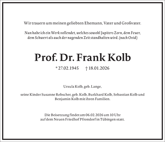 Traueranzeige von Frank Kolb von Frankfurter Allgemeine Zeitung