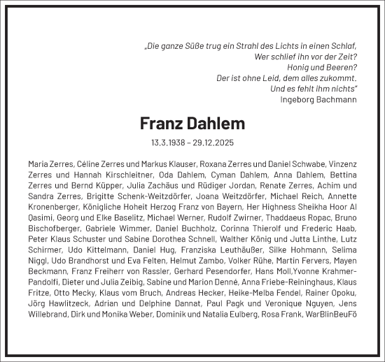 Traueranzeige von Franz Dahlem von Frankfurter Allgemeine Zeitung