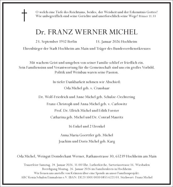 Traueranzeige von Franz Werner Michel von Frankfurter Allgemeine Zeitung